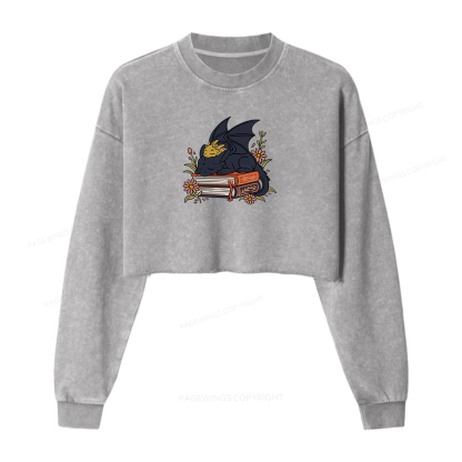 Pagewings Dragon Book Women Washed Crop Sweatshirt