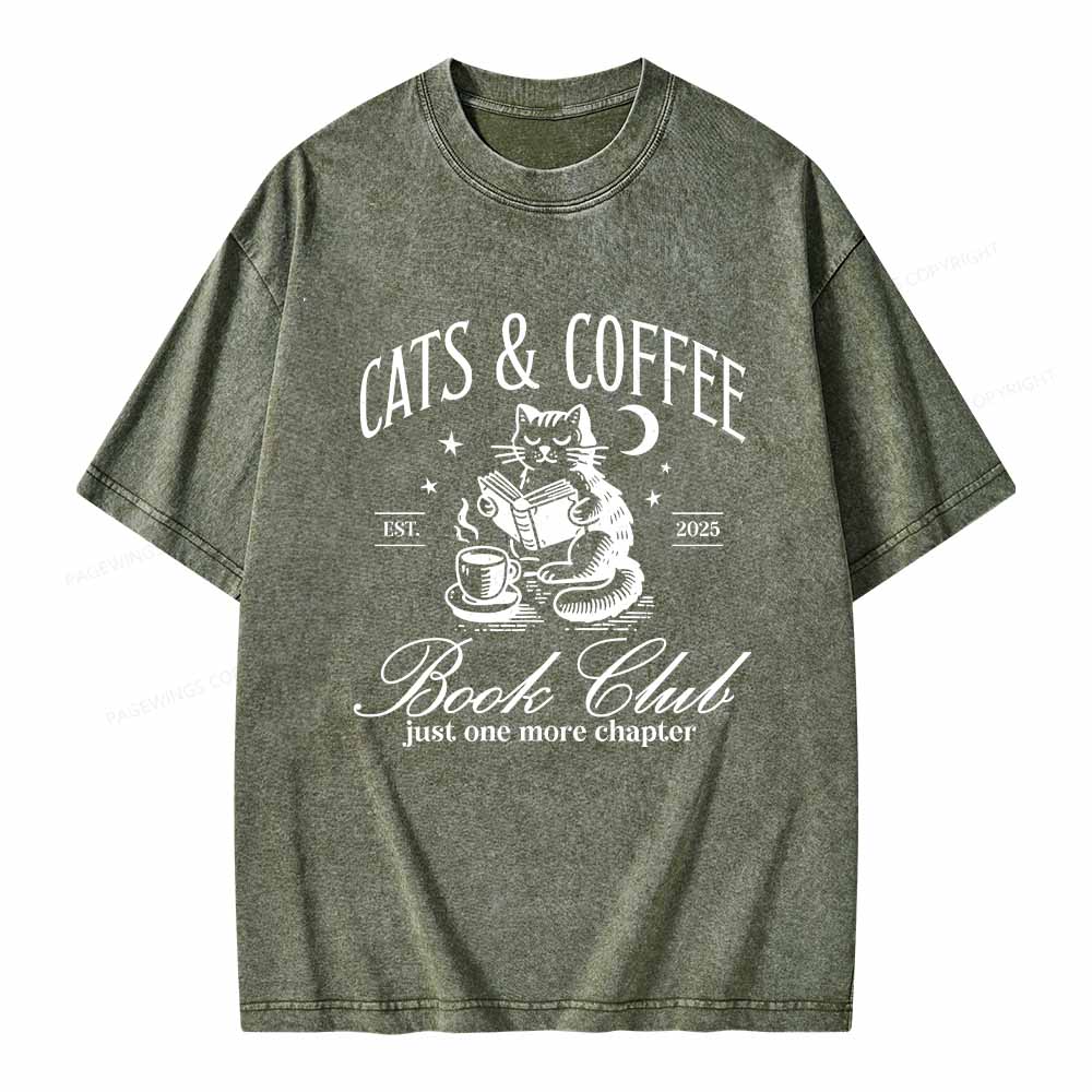 Pagewings Cats and Coffee Bookclub Unisex Washed T-shirt