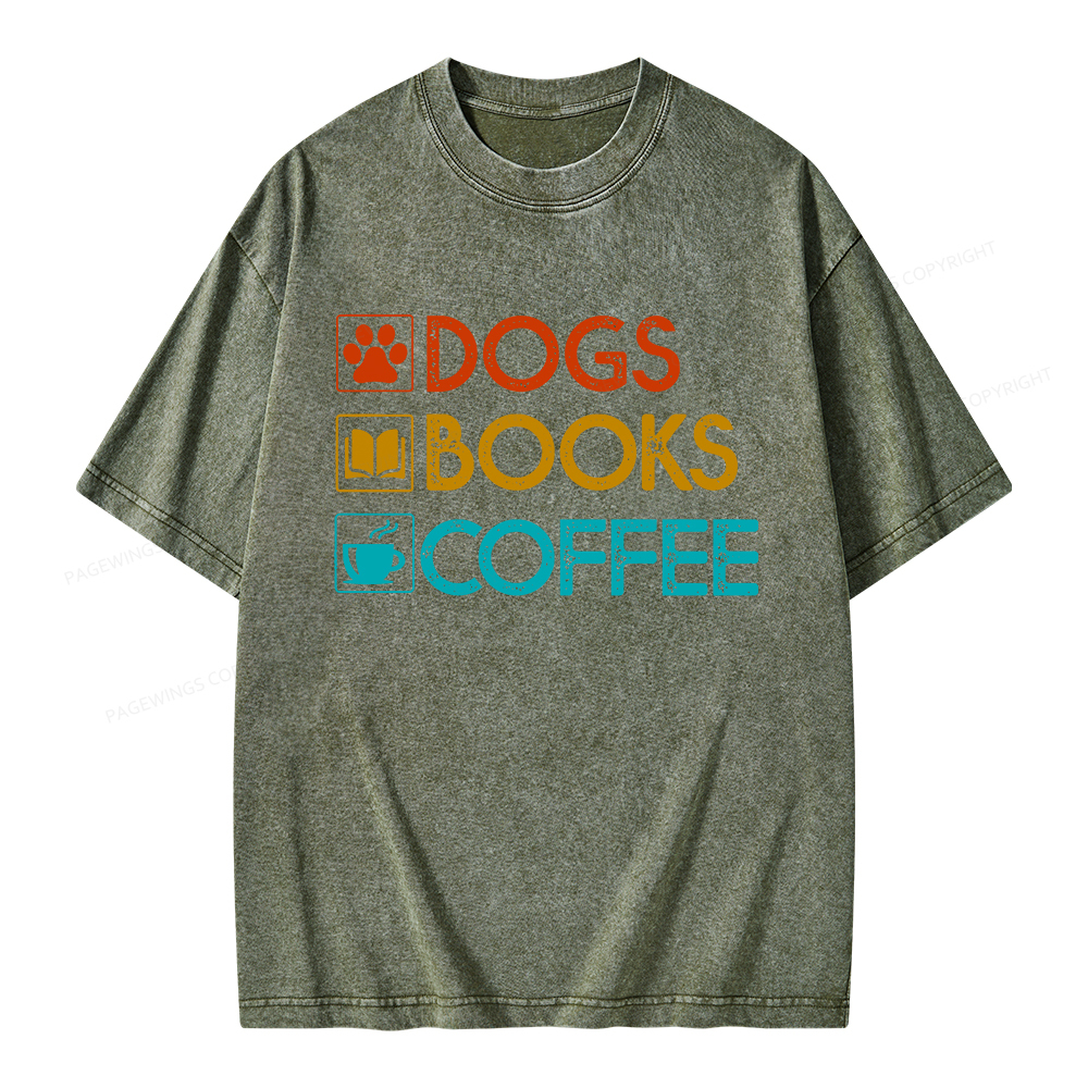 Pagewings Dogs Books Coffee Unisex Washed T-shirt
