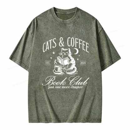 Pagewings Cats and Coffee Bookclub Unisex Washed T-shirt