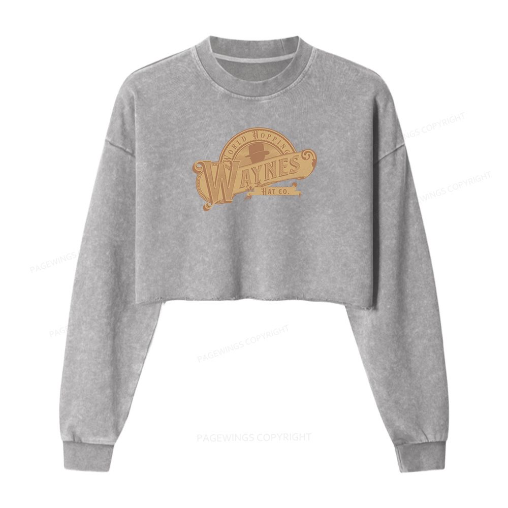 Pagewings World Hopping Waynes Hat Co Women Washed Crop Sweatshirt