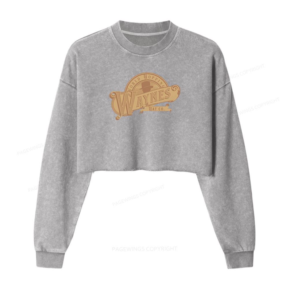 Pagewings World Hopping Waynes Hat Co Women Washed Crop Sweatshirt