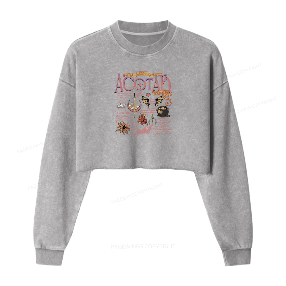 Pagewings Fantasy Book Women Washed Crop Sweatshirt