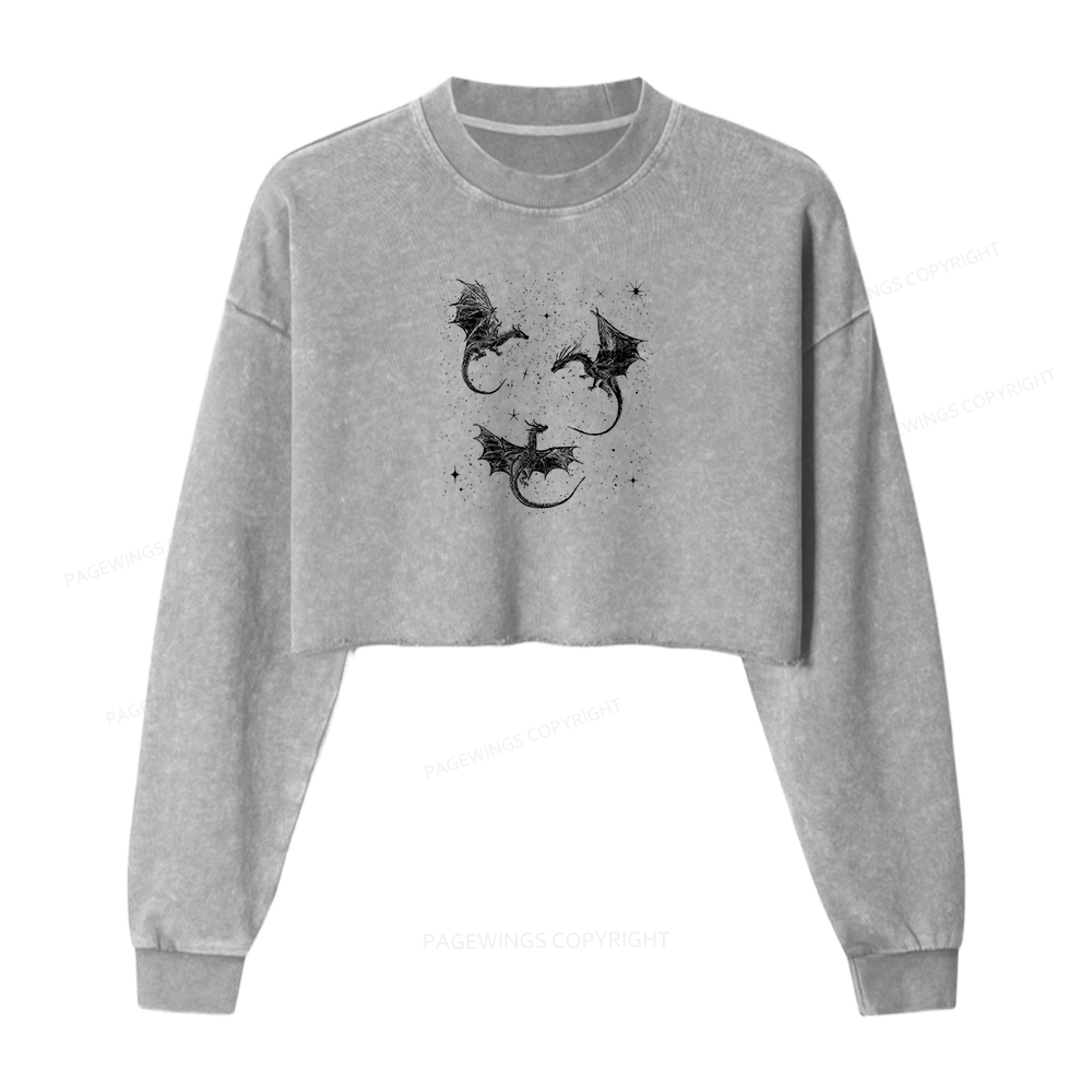 Pagewings Dragon Fantasy Women Washed Crop Sweatshirt