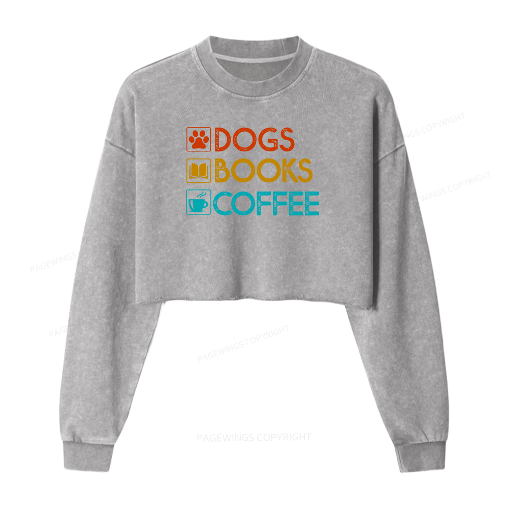 Pagewings Dogs Books Coffee Women Washed Crop Sweatshirt