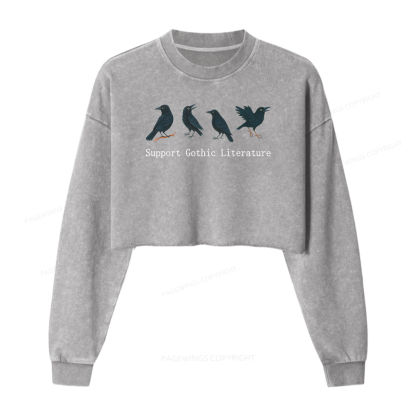 Pagewings Support Gothic Literature Women Washed Crop Sweatshirt