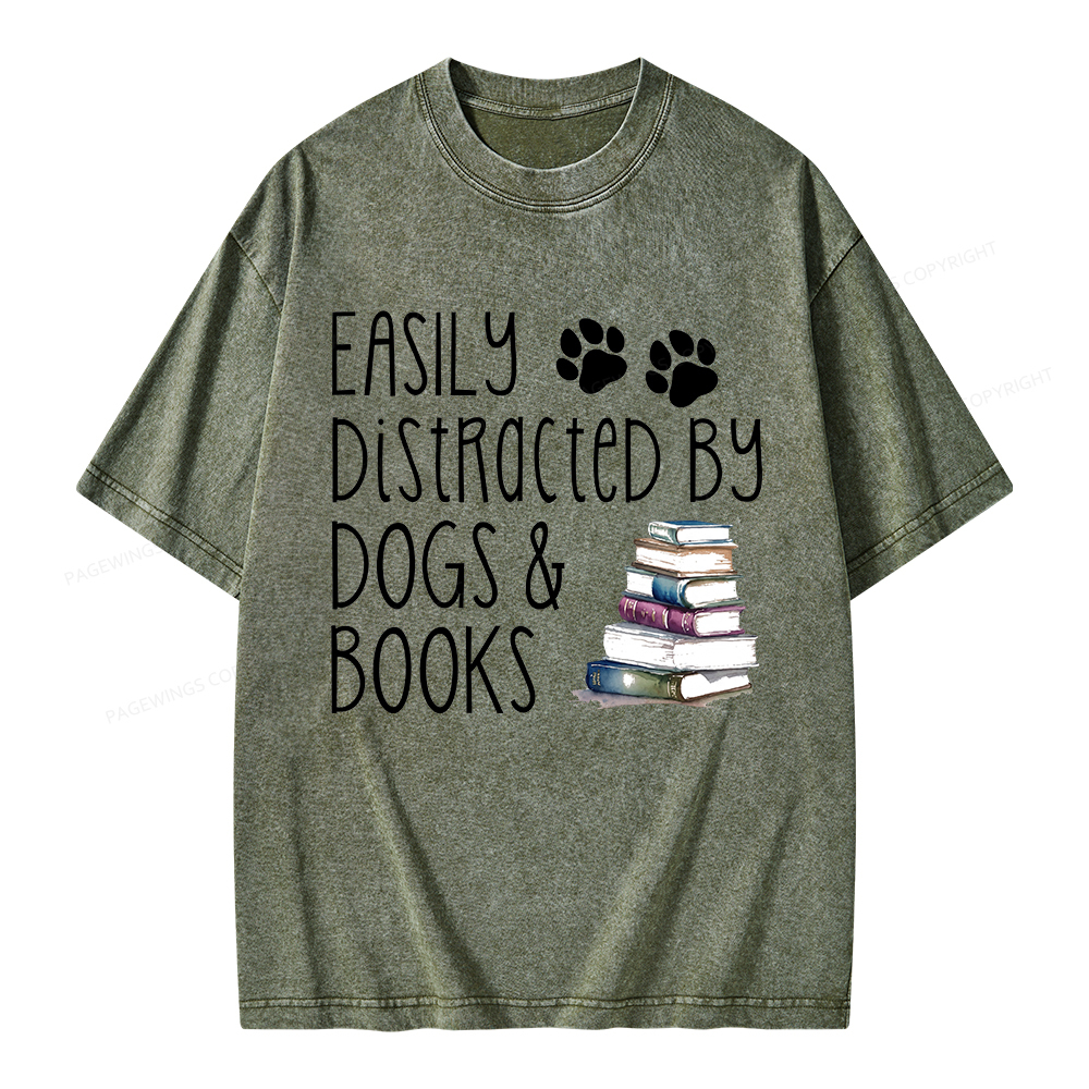 Pagewings Easily Distracted By Dogs And Books Unisex Washed T-shirt