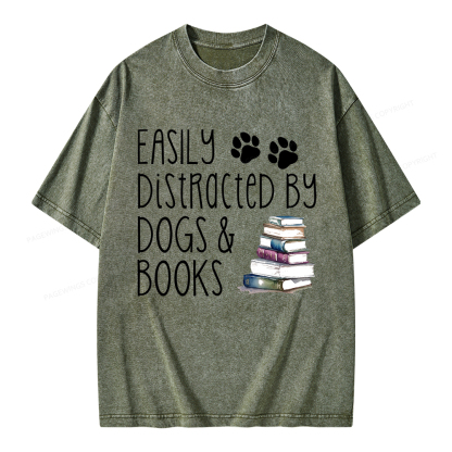 Pagewings Easily Distracted By Dogs And Books Unisex Washed T-shirt