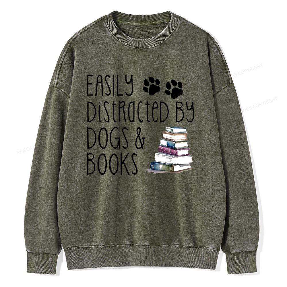 Pagewings Easily Distracted By Dogs And Books Unisex Washed Sweatshirt