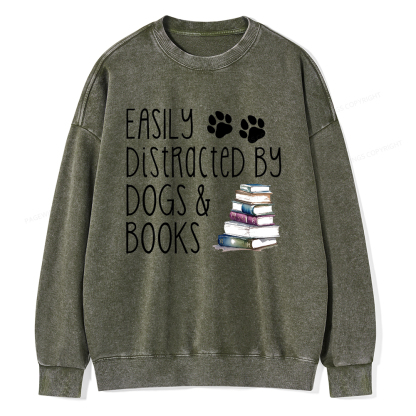 Pagewings Easily Distracted By Dogs And Books Unisex Washed Sweatshirt