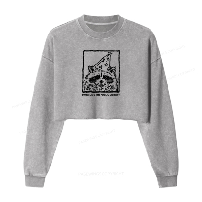 Pagewings Long Live The Public Library Women Washed Crop Sweatshirt