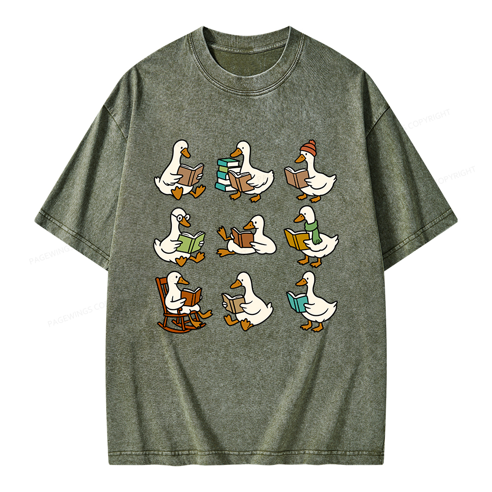 Pagewings Cute Goose Reading Unisex Washed T-shirt