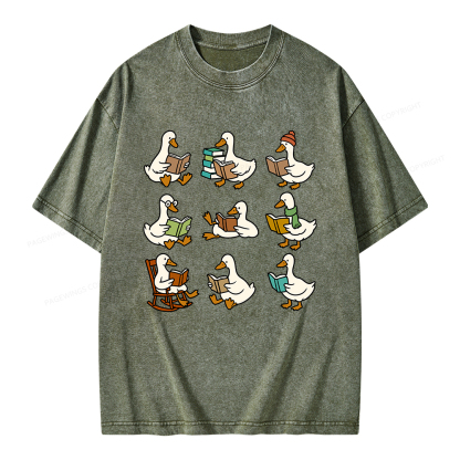 Pagewings Cute Goose Reading Unisex Washed T-shirt