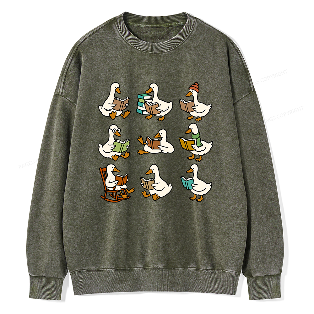 Pagewings Cute Goose Reading Unisex Washed Sweatshirt