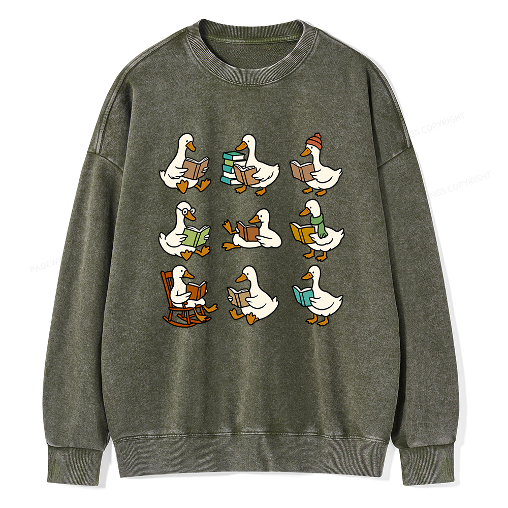 Pagewings Cute Goose Reading Unisex Washed Sweatshirt