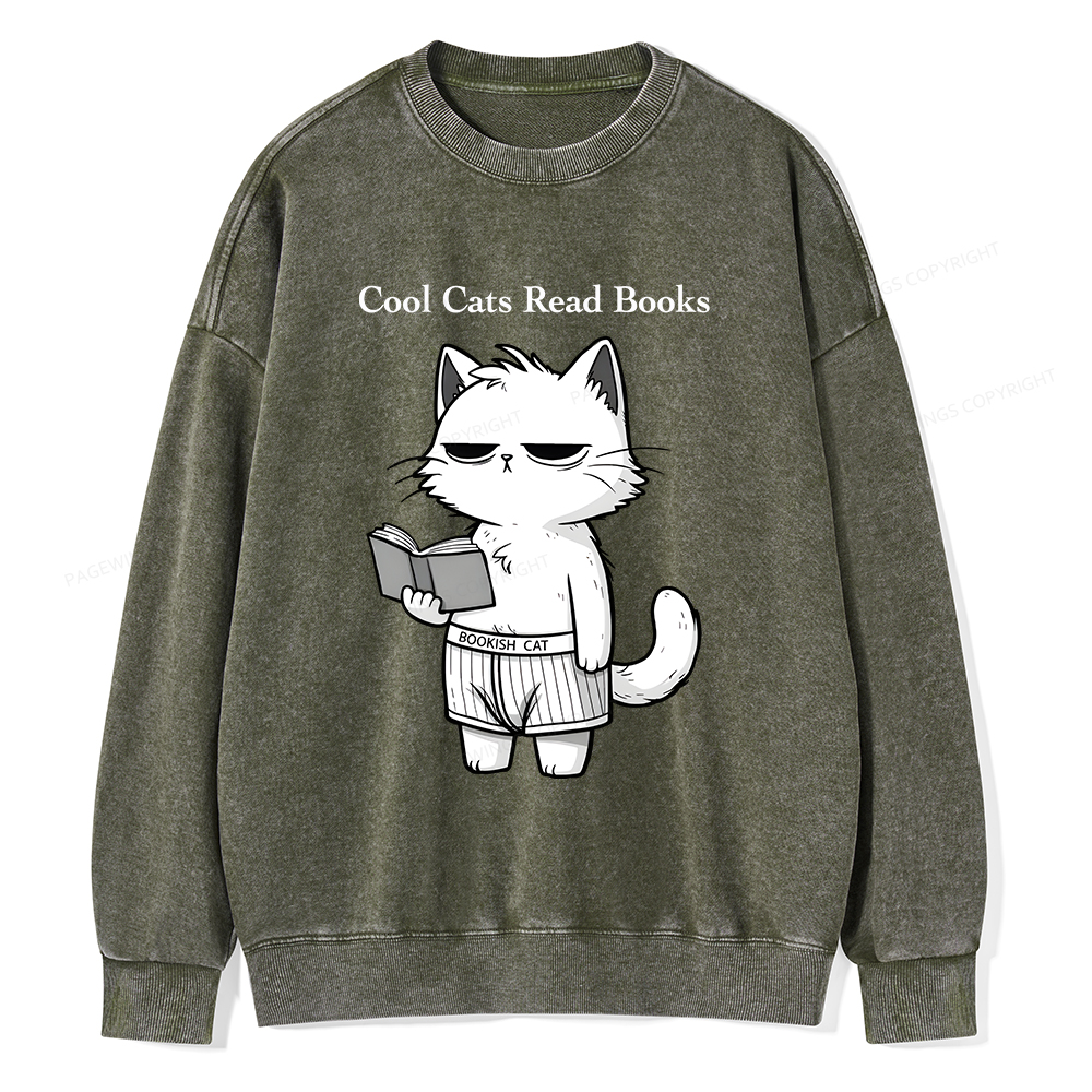 Pagewings Cool Cats Read Books Unisex Washed Sweatshirt