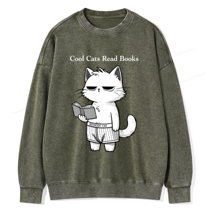 Pagewings Cool Cats Read Books Unisex Washed Sweatshirt