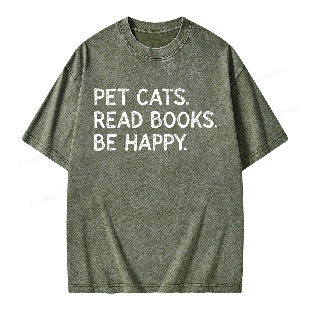 Pagewings Pet Cats Read Books Be Happy Unisex Washed T-shirt
