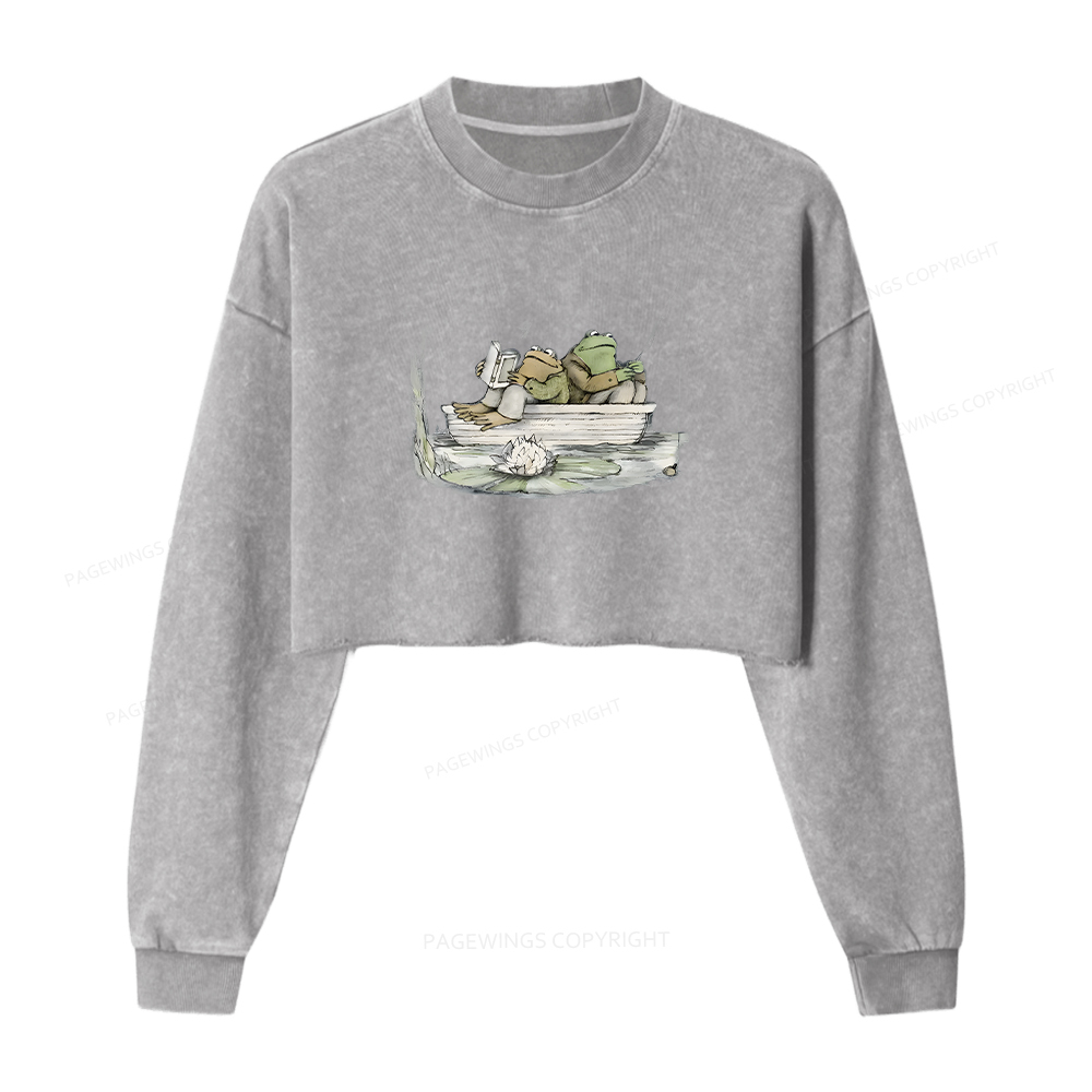 Pagewings Frog Reading Washed Crop Sweatshirt