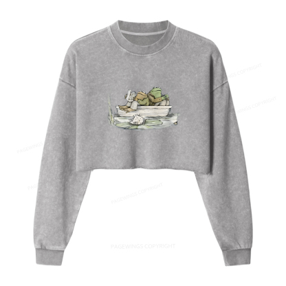 Pagewings Frog Reading Washed Crop Sweatshirt