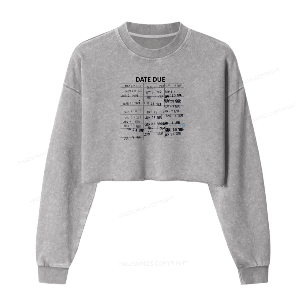 Pagewings Library Card Due Date Washed Crop Sweatshirt