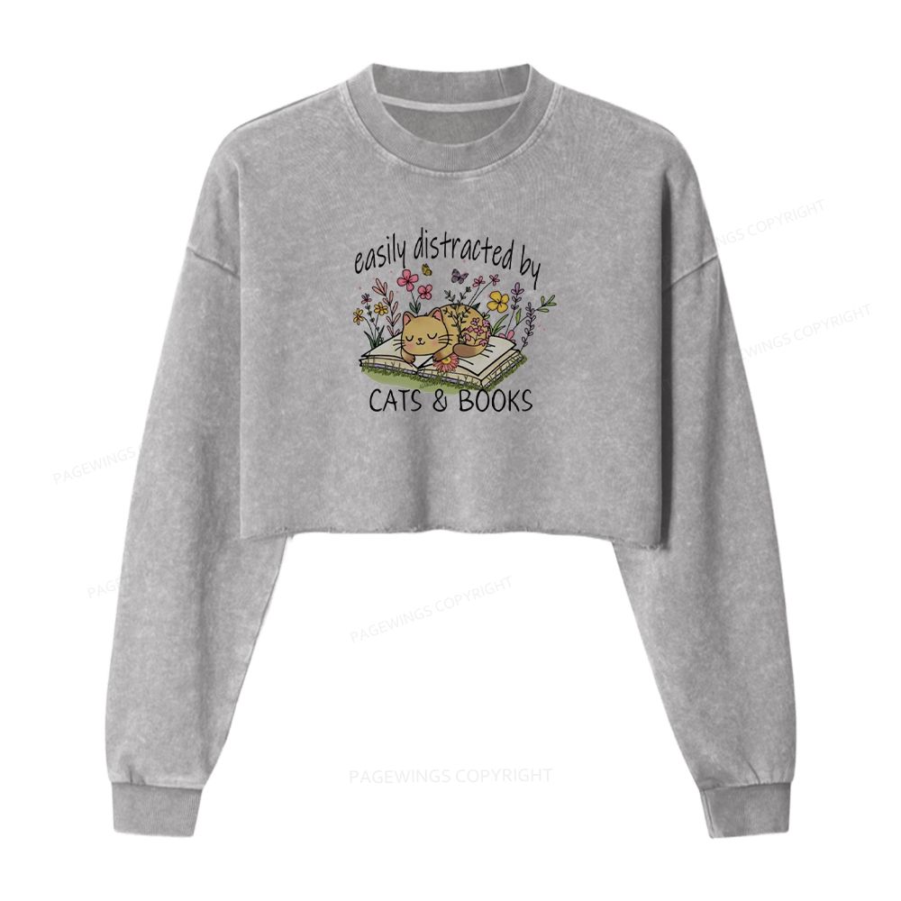 Pagewings Easily Distracted By Cats And Books Washed Crop Sweatshirt
