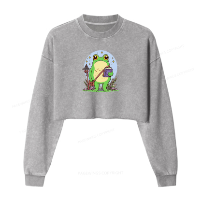 Pagewings Frog Reading Book Washed Crop Sweatshirt
