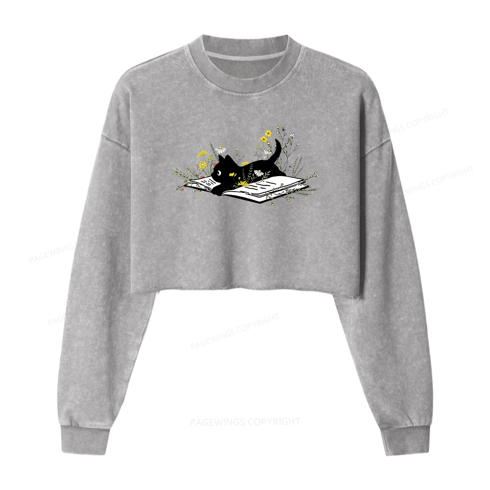 Pagewings Cute Book Cat Washed Crop Sweatshirt