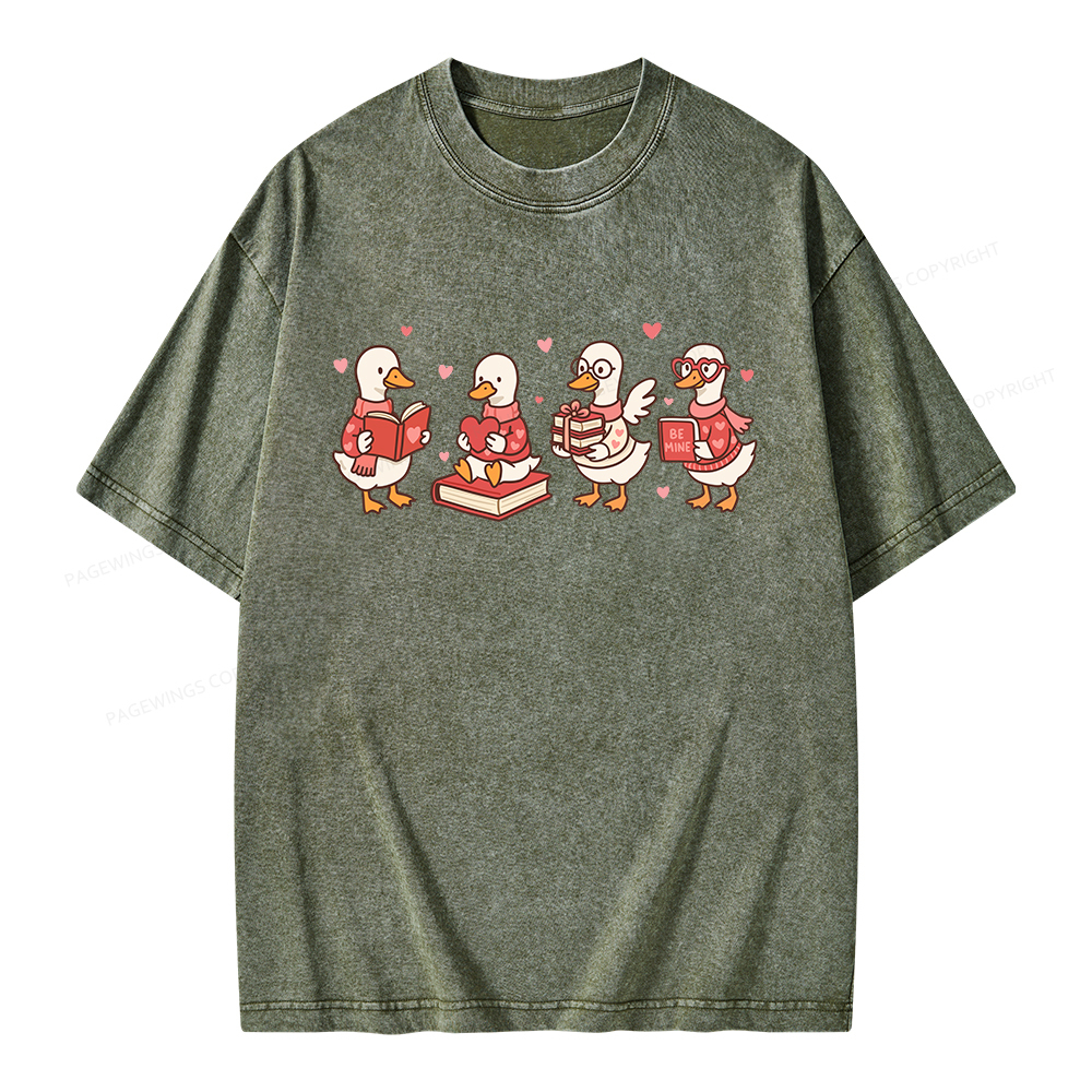 Pagewings Goose Book Lover Valentines Day Unisex Washed T-shirt