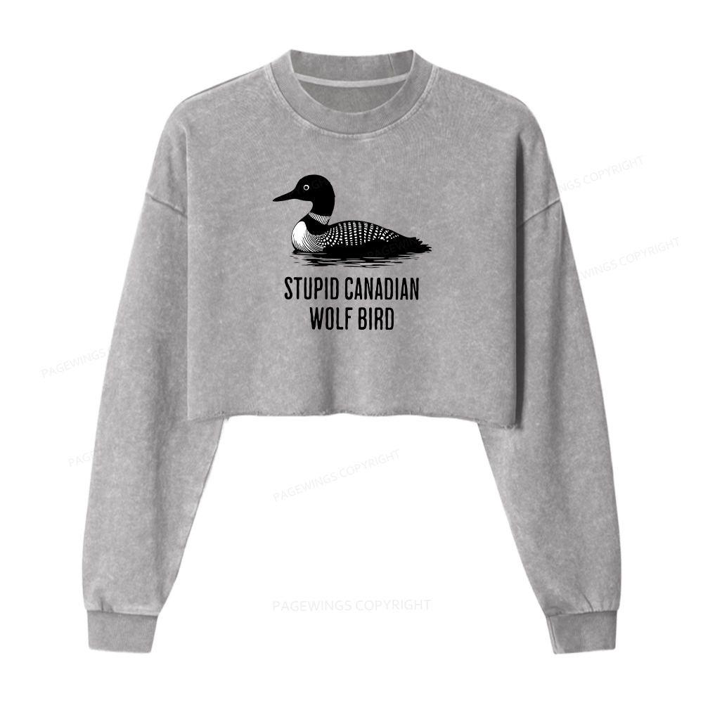 Pagewings Stupid Canadian Wolf Bird Washed Crop Sweatshirt