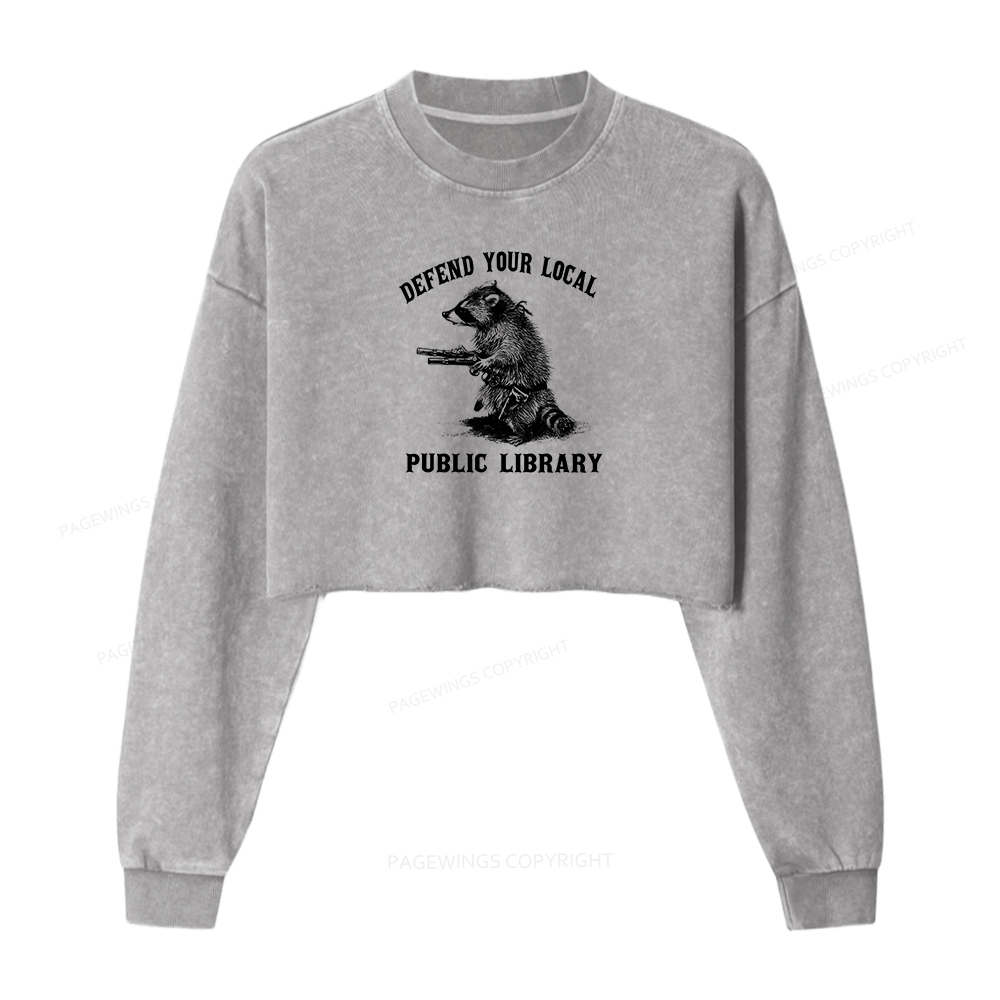 Pagewings Defend Your Local Public Library Washed Crop Sweatshirt