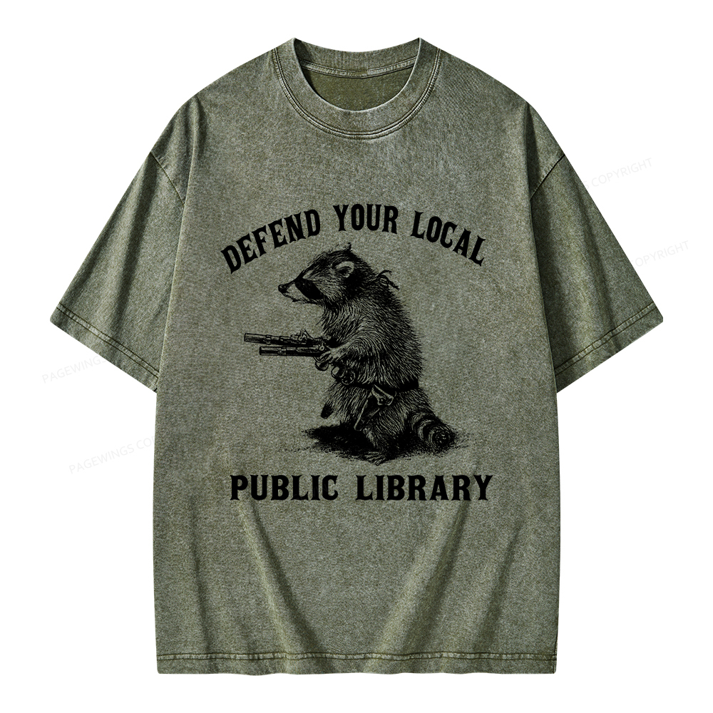 Pagewings Raccoon Defend Your Local Public Library Unisex Washed T-shirt