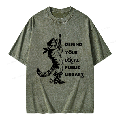 Pagewings Cat Defend Your Local Public Library Unisex Washed T-shirt