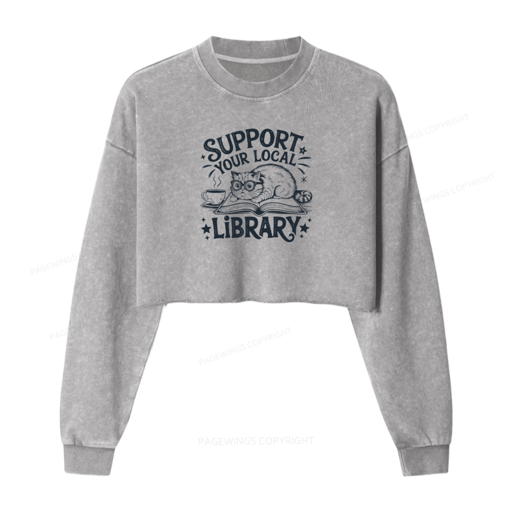 Pagewings Support Your Local Library Washed Crop Sweatshirt