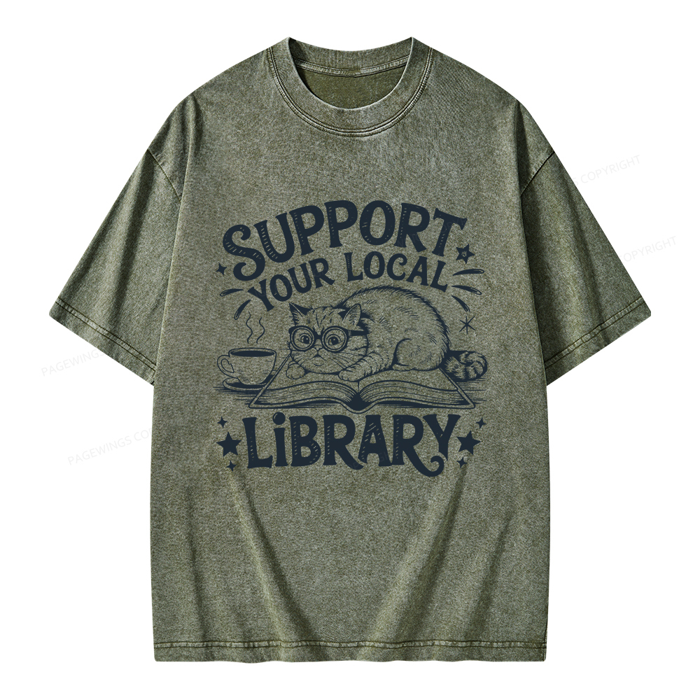 Pagewings Support Your Local Library Cat  Unisex Washed T-shirt
