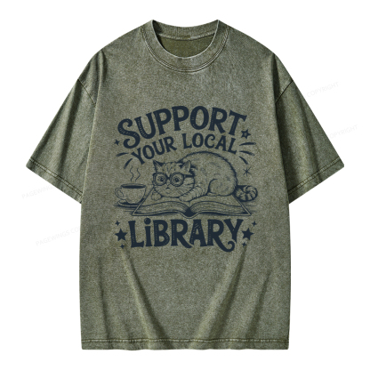 Pagewings Support Your Local Library Cat  Unisex Washed T-shirt