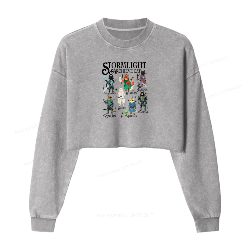 Pagewings Cat Characters Washed Crop Sweatshirt
