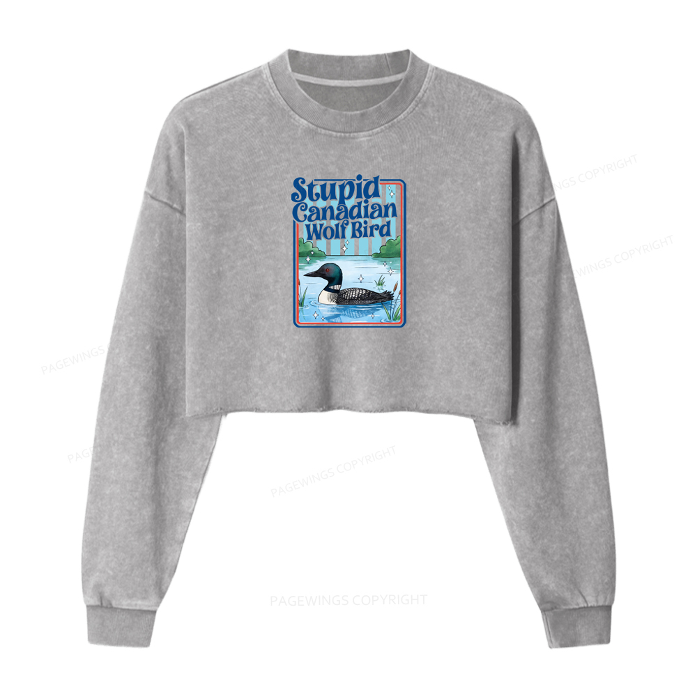 Pagewings Stupid Canadian Wolf Bird Washed Crop Sweatshirt