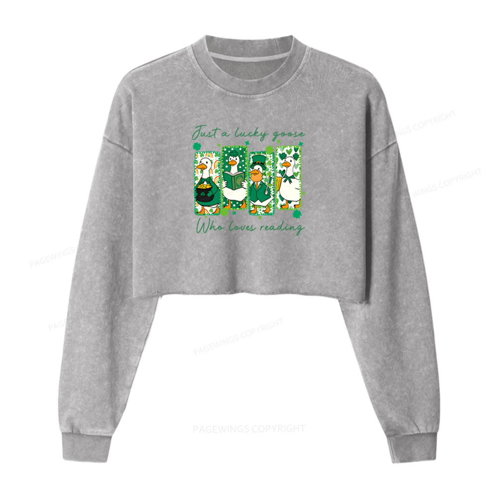 Pagewings Just A Lucky Goose Who Loves Reading Washed Crop Sweatshirt