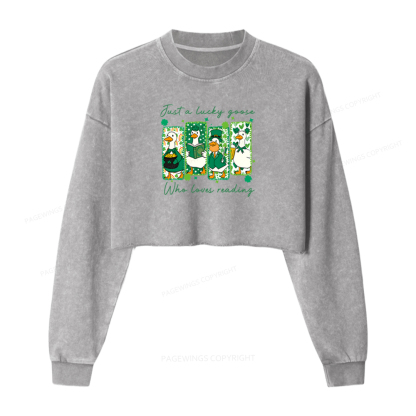 Pagewings Just A Lucky Goose Who Loves Reading Washed Crop Sweatshirt