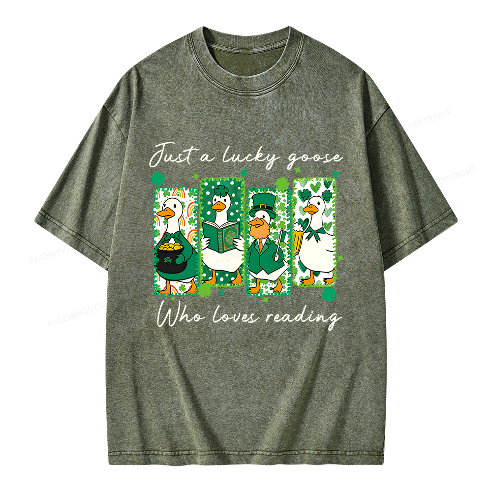 Pagewings St Patrick’s Day Just A Lucky Goose Who Loves Reading Unisex Washed T-shirt