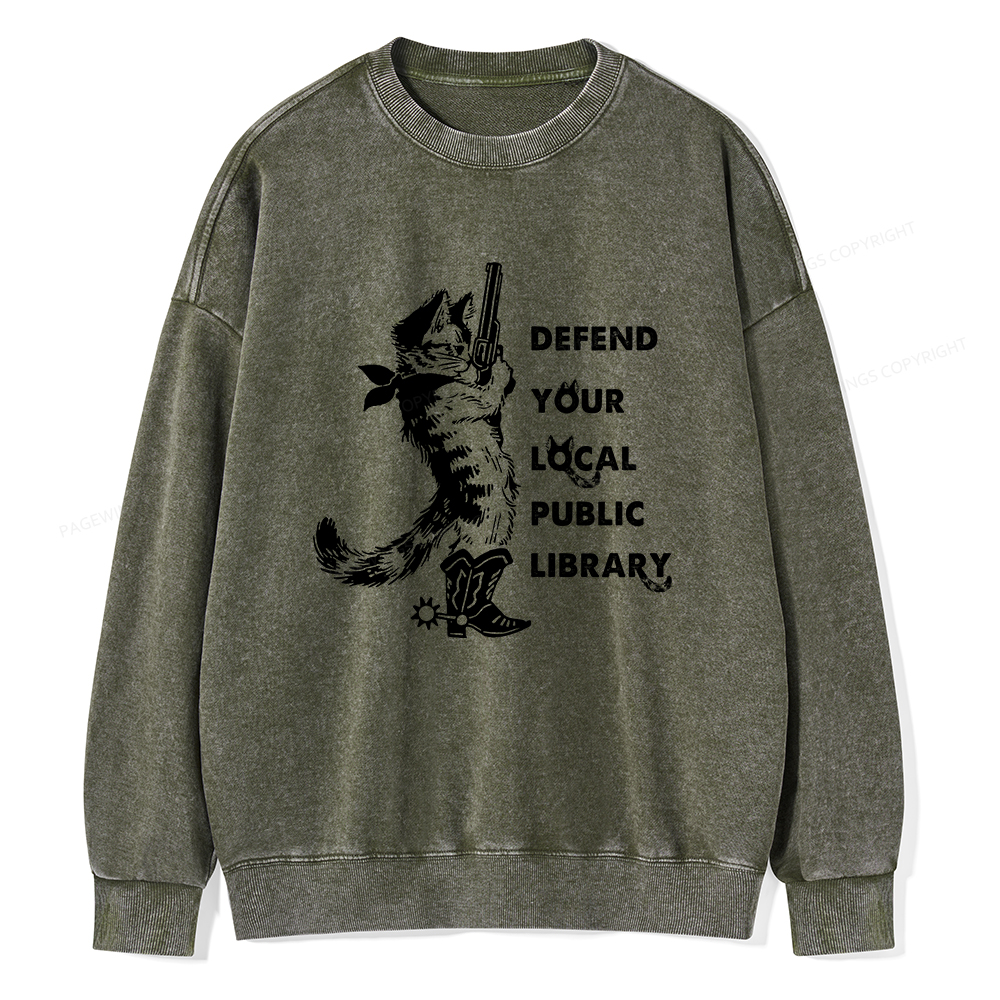 Pagewings Cat Defend Your Local Public Library Unisex Washed Sweatshirt