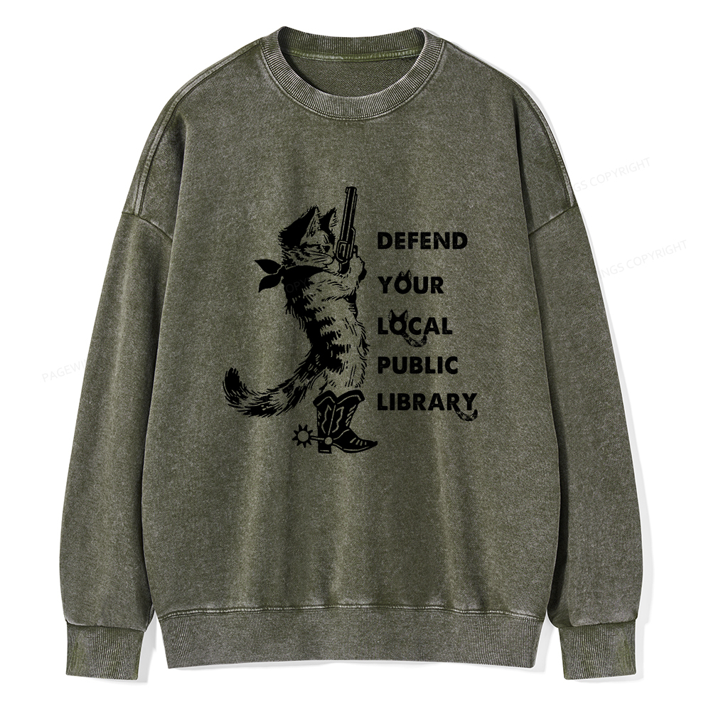 Pagewings Cat Defend Your Local Public Library Unisex Washed Sweatshirt