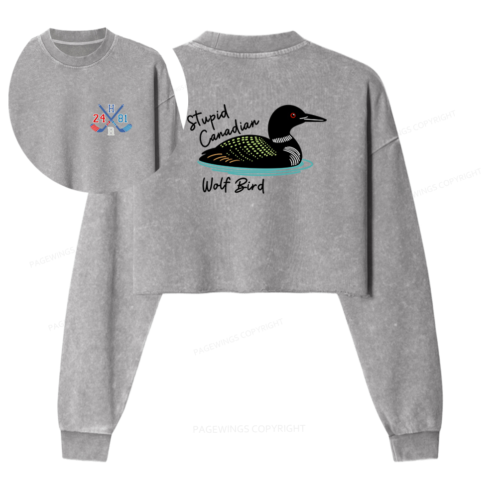 Pagewings Stupid Canadian Wolf Bird Washed Crop Sweatshirt