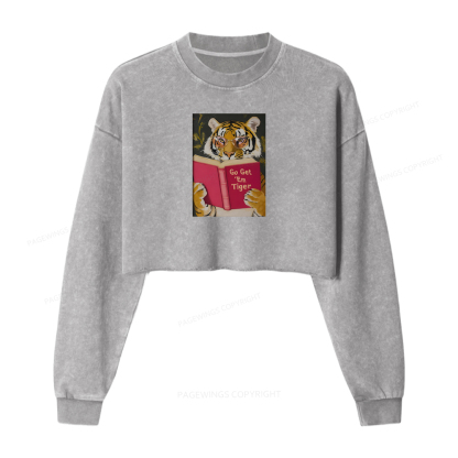 Pagewings Tiger Reading Washed Crop Sweatshirt