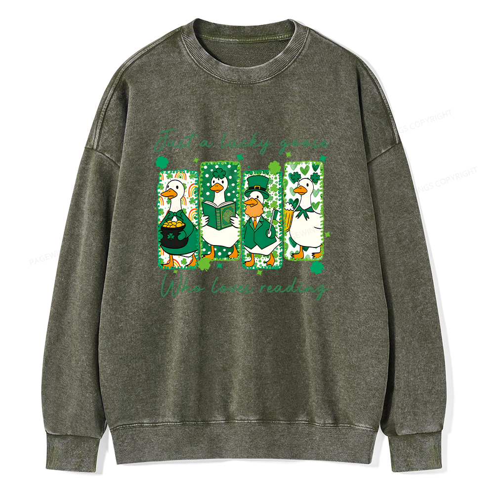 Pagewings St Patrick’s Day Just A Lucky Goose Who Loves Reading Unisex Washed Sweatshirt