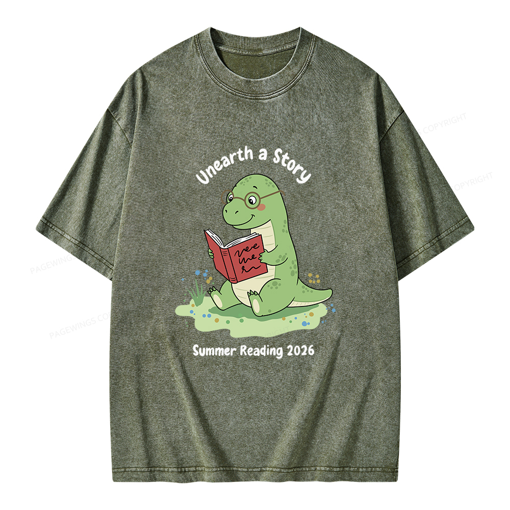 Pagewings Unearth A Story Dinosaur Summer Reading Unisex Washed T-shirt