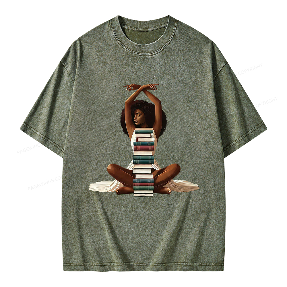 Pagewings Black Girl Reading Unisex Washed T-shirt