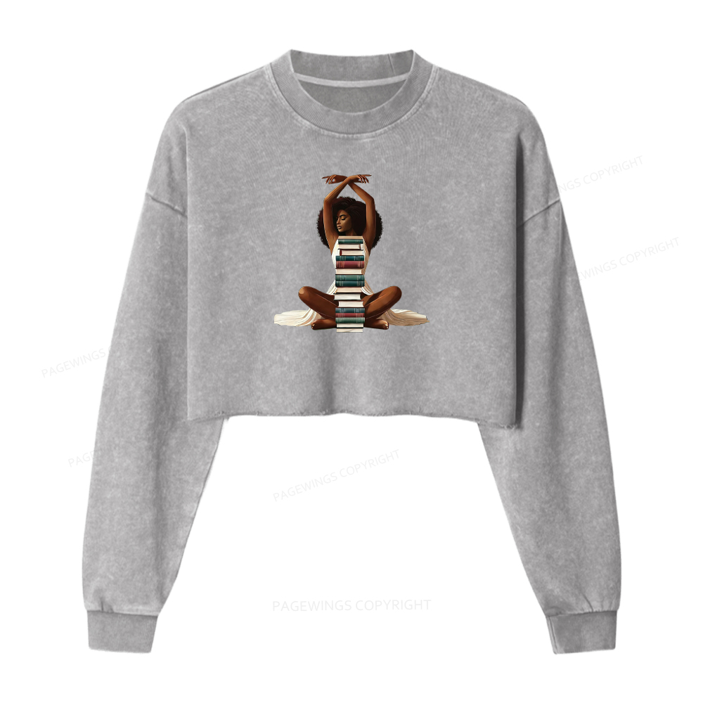 Pagewings Black Girl Reading Washed Crop Sweatshirt