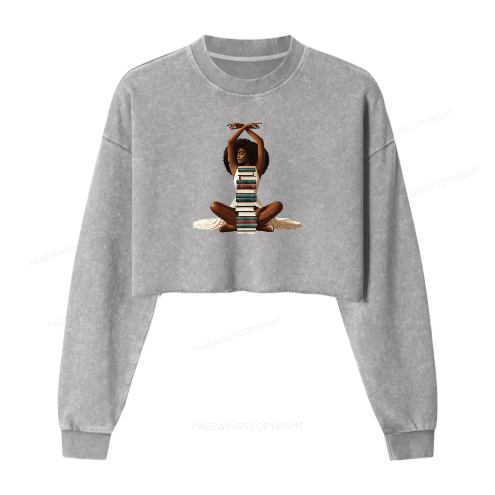 Pagewings Black Girl Reading Washed Crop Sweatshirt